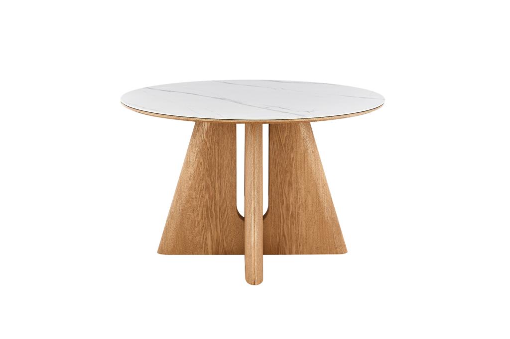 Cypress 120 cm round dining table with white ceramic top and natural timber veneer pedestal base